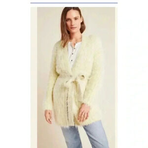 NEW NWT ANTHROPOLOGIE Chartreuse Yellow Larkin Shimmer Tie Cardigan Sweater XS